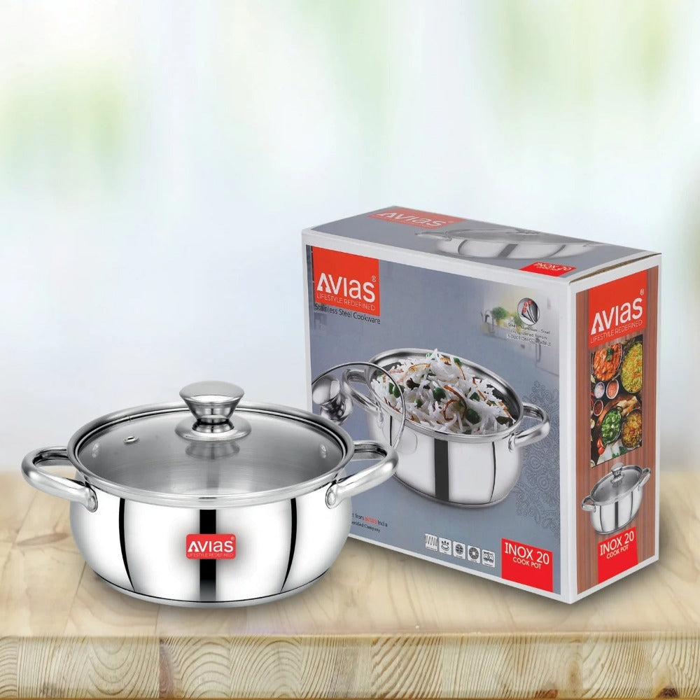 AVIAS Inox IB Stainless Steel Cookpot With Glass Lid | Gas & Induction Compatible | Silver | 1 Pc