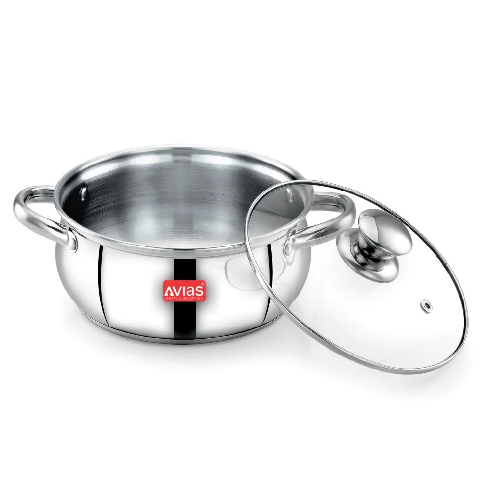 AVIAS Inox IB Stainless Steel Cookpot With Glass Lid | Gas & Induction Compatible | Silver | 1 Pc