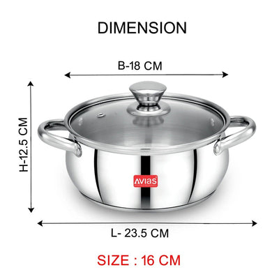 AVIAS Inox IB Stainless Steel Cookpot With Glass Lid | Gas & Induction Compatible | Silver | 1 Pc