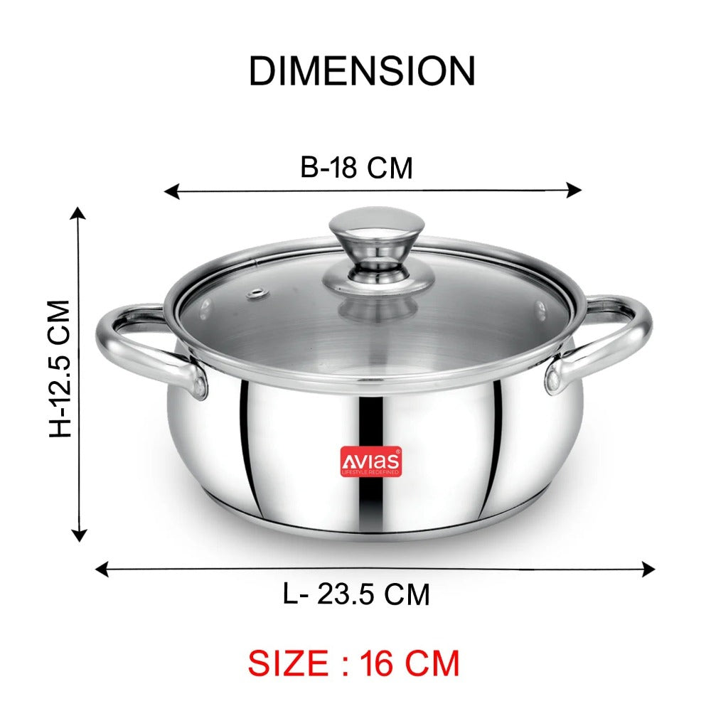 AVIAS Inox IB Stainless Steel Cookpot With Glass Lid | Gas & Induction Compatible | Silver | 1 Pc