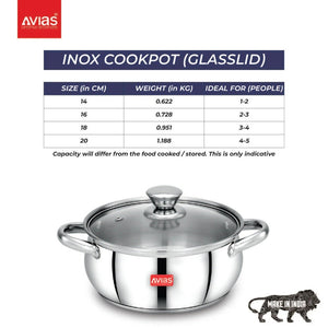 AVIAS Inox IB Stainless Steel Cookpot With Glass Lid | Gas & Induction Compatible | Silver | 1 Pc