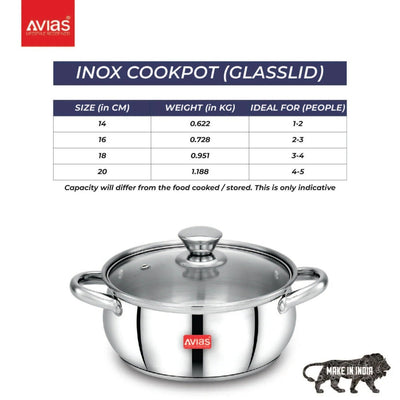 AVIAS Inox IB Stainless Steel Cookpot With Glass Lid | Gas & Induction Compatible | Silver | 1 Pc