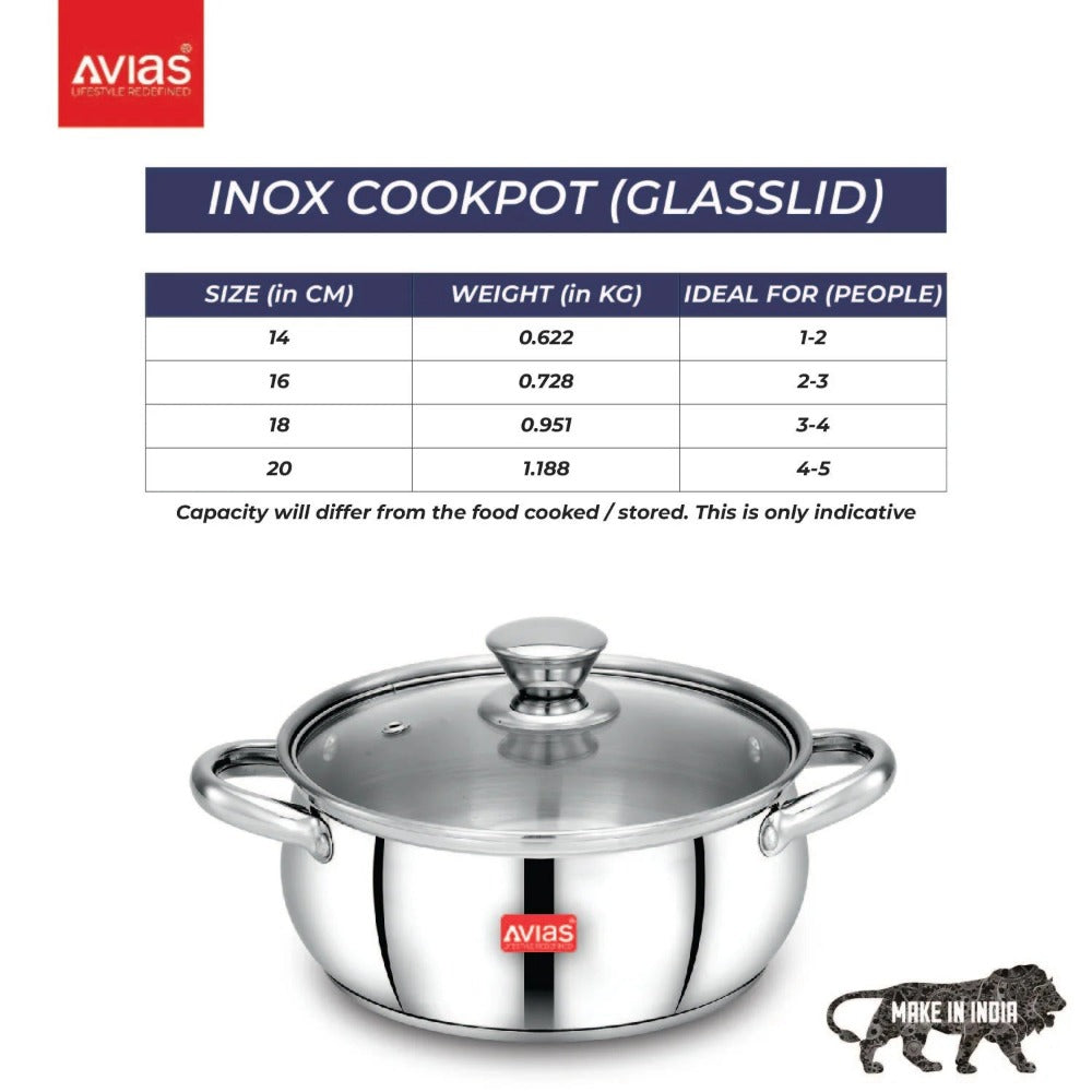 AVIAS Inox IB Stainless Steel Cookpot With Glass Lid | Gas & Induction Compatible | Silver | 1 Pc