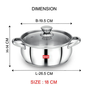 AVIAS Inox IB Stainless Steel Cookpot With Glass Lid | Gas & Induction Compatible | Silver | 1 Pc