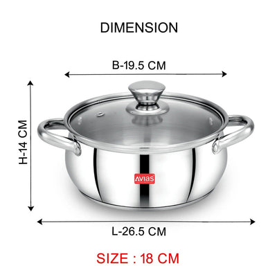AVIAS Inox IB Stainless Steel Cookpot With Glass Lid | Gas & Induction Compatible | Silver | 1 Pc