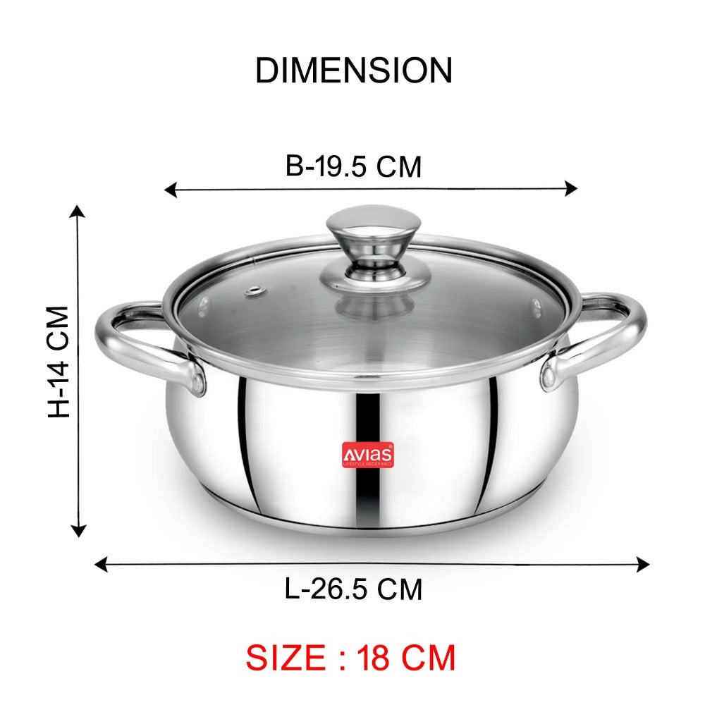 AVIAS Inox IB Stainless Steel Cookpot With Glass Lid | Gas & Induction Compatible | Silver | 1 Pc