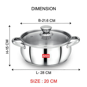 AVIAS Inox IB Stainless Steel Cookpot With Glass Lid | Gas & Induction Compatible | Silver | 1 Pc