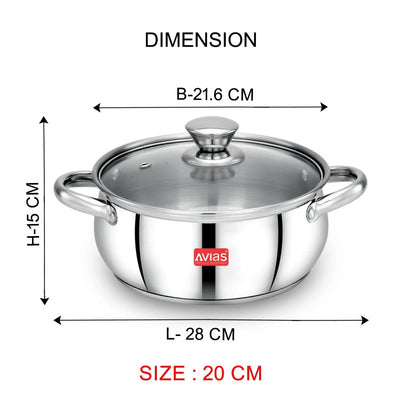 AVIAS Inox IB Stainless Steel Cookpot With Glass Lid | Gas & Induction Compatible | Silver | 1 Pc