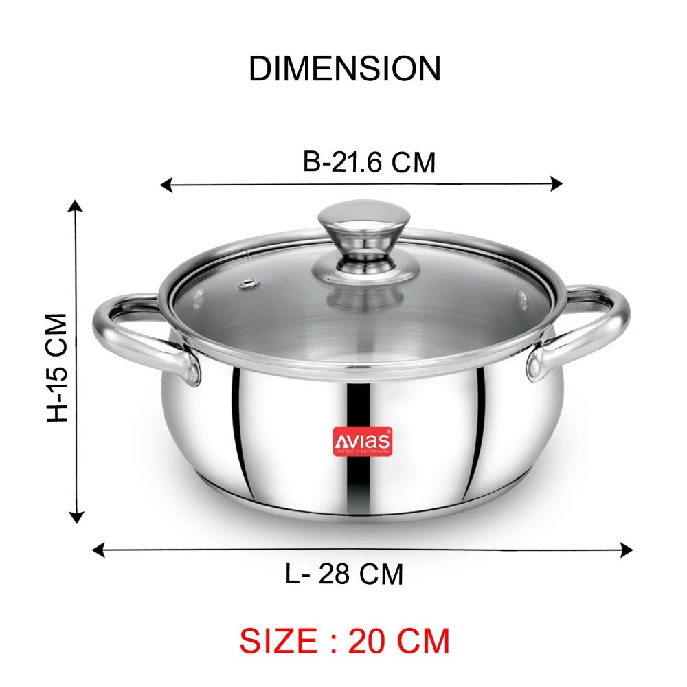 AVIAS Inox IB Stainless Steel Cookpot With Glass Lid | Gas & Induction Compatible | Silver | 1 Pc