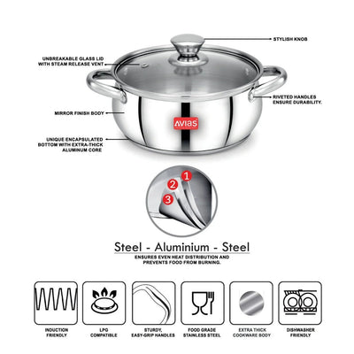 AVIAS Inox IB Stainless Steel Cookpot With Glass Lid | Gas & Induction Compatible | Silver | 1 Pc