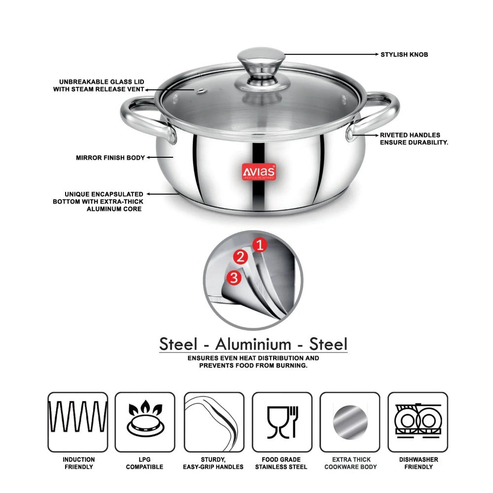 AVIAS Inox IB Stainless Steel Cookpot With Glass Lid | Gas & Induction Compatible | Silver | 1 Pc