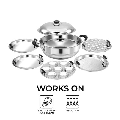 AVIAS All Rounder Multi Kadhai Plus | High Quality And Food-Grade Stainless Steel | Gas & Induction Compatible | Idli with Dhokla Plates