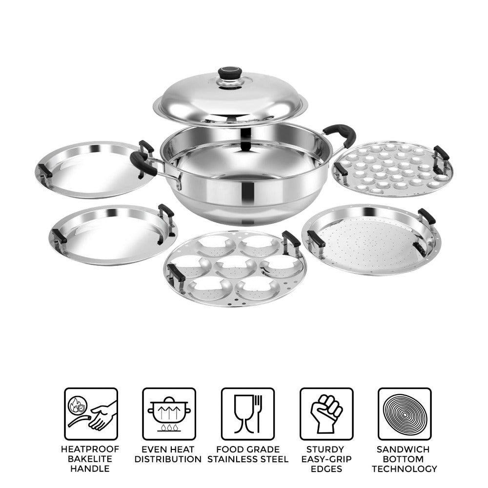 AVIAS All Rounder Multi Kadhai Plus | High Quality And Food-Grade Stainless Steel | Gas & Induction Compatible | Idli with Dhokla Plates
