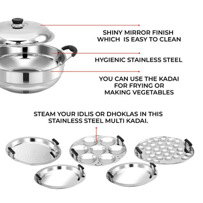 AVIAS All Rounder Multi Kadhai Plus | High Quality And Food-Grade Stainless Steel | Gas & Induction Compatible | Idli with Dhokla Plates