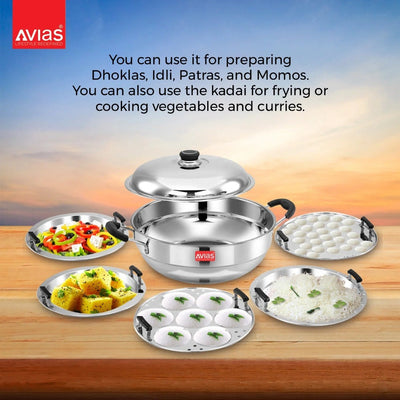 AVIAS All Rounder Multi Kadhai Plus | High Quality And Food-Grade Stainless Steel | Gas & Induction Compatible | Idli with Dhokla Plates