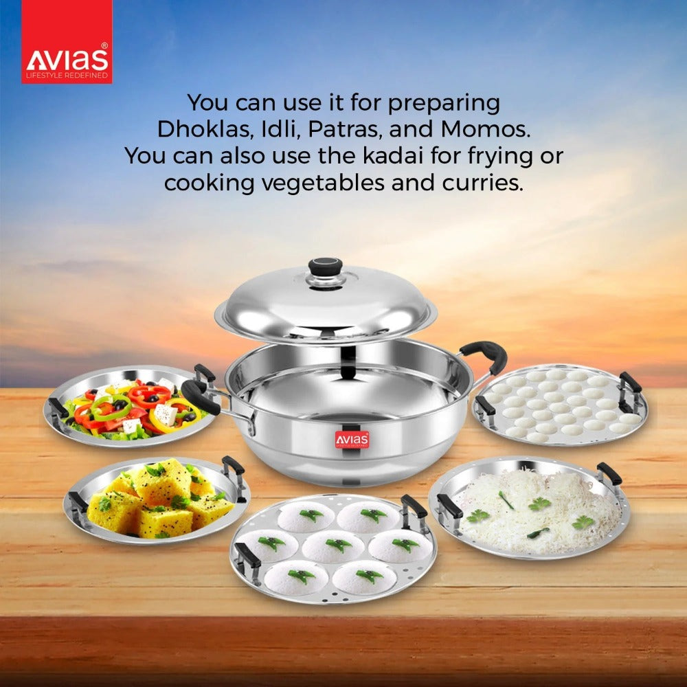 AVIAS All Rounder Multi Kadhai Plus | High Quality And Food-Grade Stainless Steel | Gas & Induction Compatible | Idli with Dhokla Plates