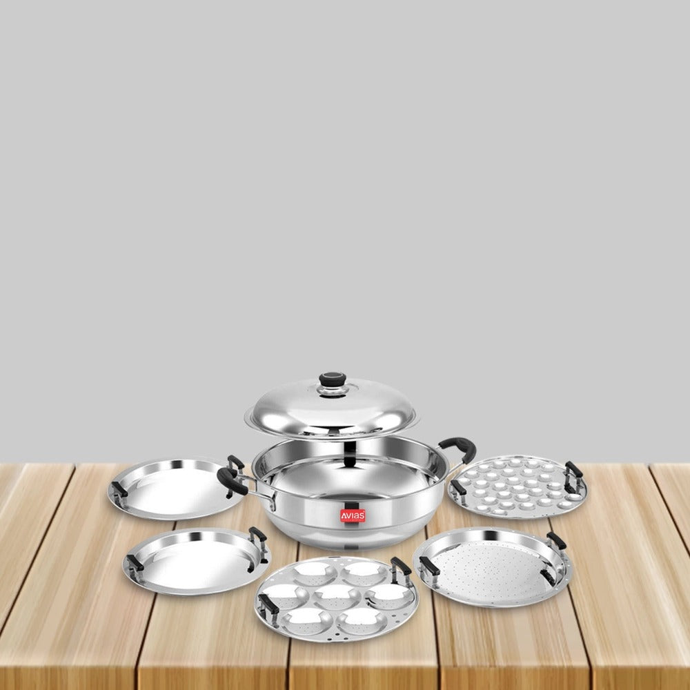 AVIAS All Rounder Multi Kadhai Plus | High Quality And Food-Grade Stainless Steel | Gas & Induction Compatible | Idli with Dhokla Plates