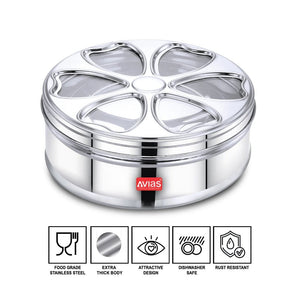 AVIAS Stainless Steel Petal Spice Box | 7 Compartments and 1 Spoon | Silver