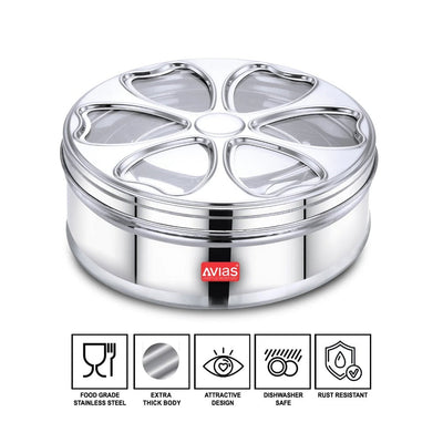 AVIAS Stainless Steel Petal Spice Box | 7 Compartments and 1 Spoon | Silver