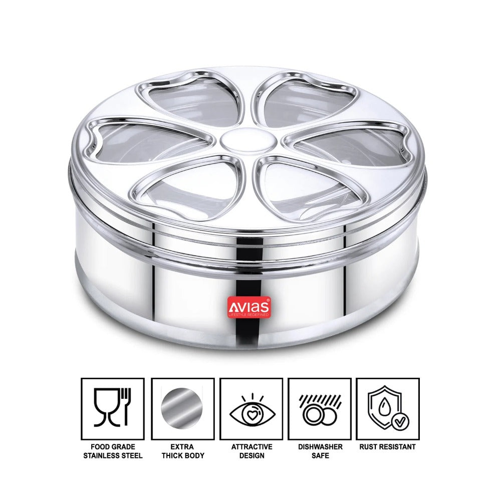 AVIAS Stainless Steel Petal Spice Box | 7 Compartments and 1 Spoon | Silver