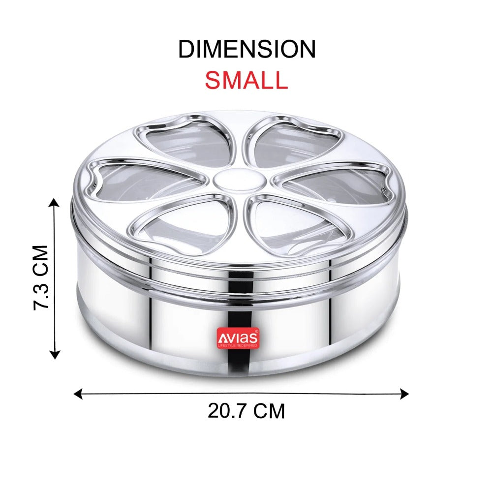 AVIAS Stainless Steel Petal Spice Box | 7 Compartments and 1 Spoon | Silver