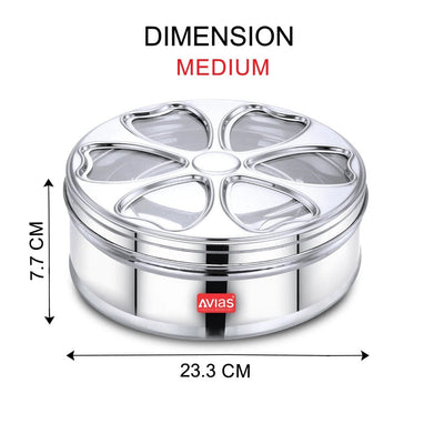 AVIAS Stainless Steel Petal Spice Box | 7 Compartments and 1 Spoon | Silver