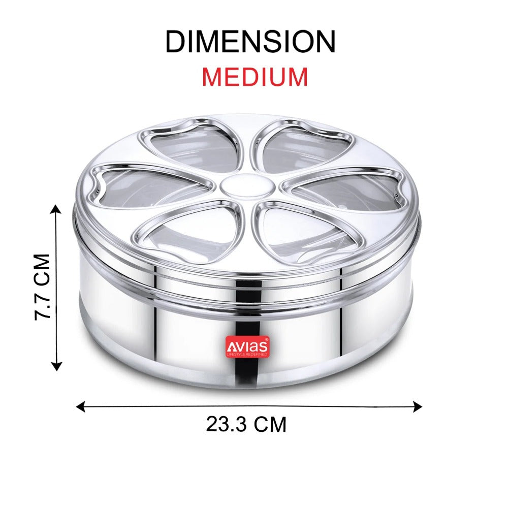 AVIAS Stainless Steel Petal Spice Box | 7 Compartments and 1 Spoon | Silver