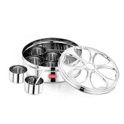 AVIAS Stainless Steel Petal Spice Box | 7 Compartments and 1 Spoon | Silver