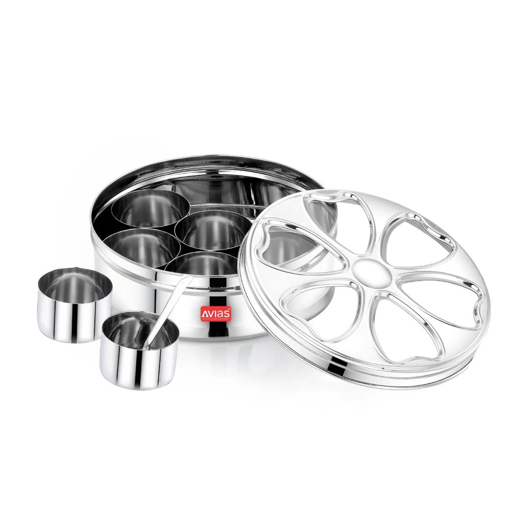 AVIAS Stainless Steel Petal Spice Box | 7 Compartments and 1 Spoon | Silver