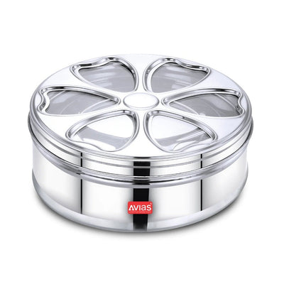 AVIAS Stainless Steel Petal Spice Box | 7 Compartments and 1 Spoon | Silver