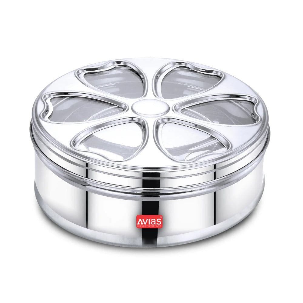 AVIAS Stainless Steel Petal Spice Box | 7 Compartments and 1 Spoon | Silver