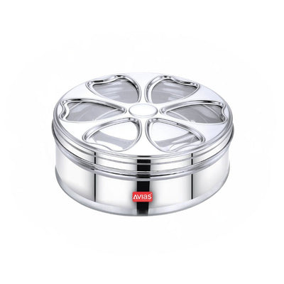 AVIAS Stainless Steel Petal Spice Box | 7 Compartments and 1 Spoon | Silver