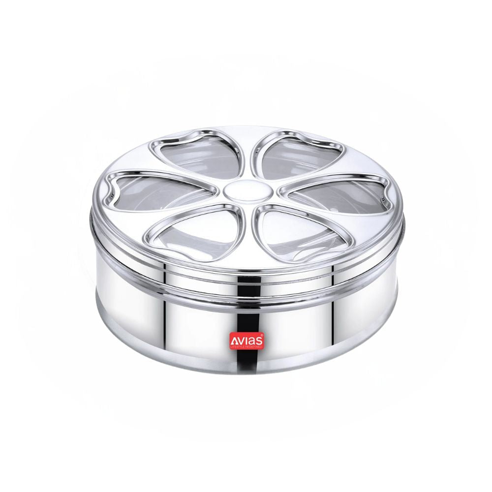 AVIAS Stainless Steel Petal Spice Box | 7 Compartments and 1 Spoon | Silver