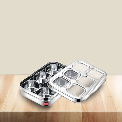 AVIAS Stainless Steel Dry Fruit Cum Spice Box Square Compartments with See-Through Lid | 6 Compartments and 1 Spoon | Silver & Blue