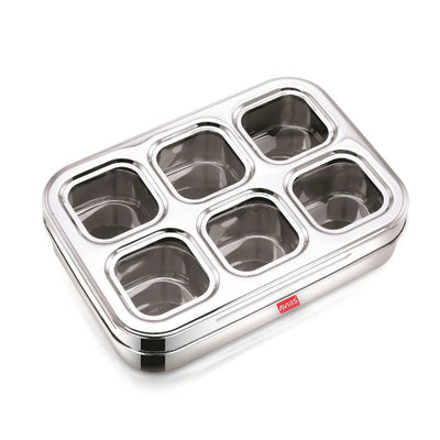 AVIAS Stainless Steel Dry Fruit Cum Spice Box Square Compartments with See-Through Lid | 6 Compartments and 1 Spoon | Silver & Blue
