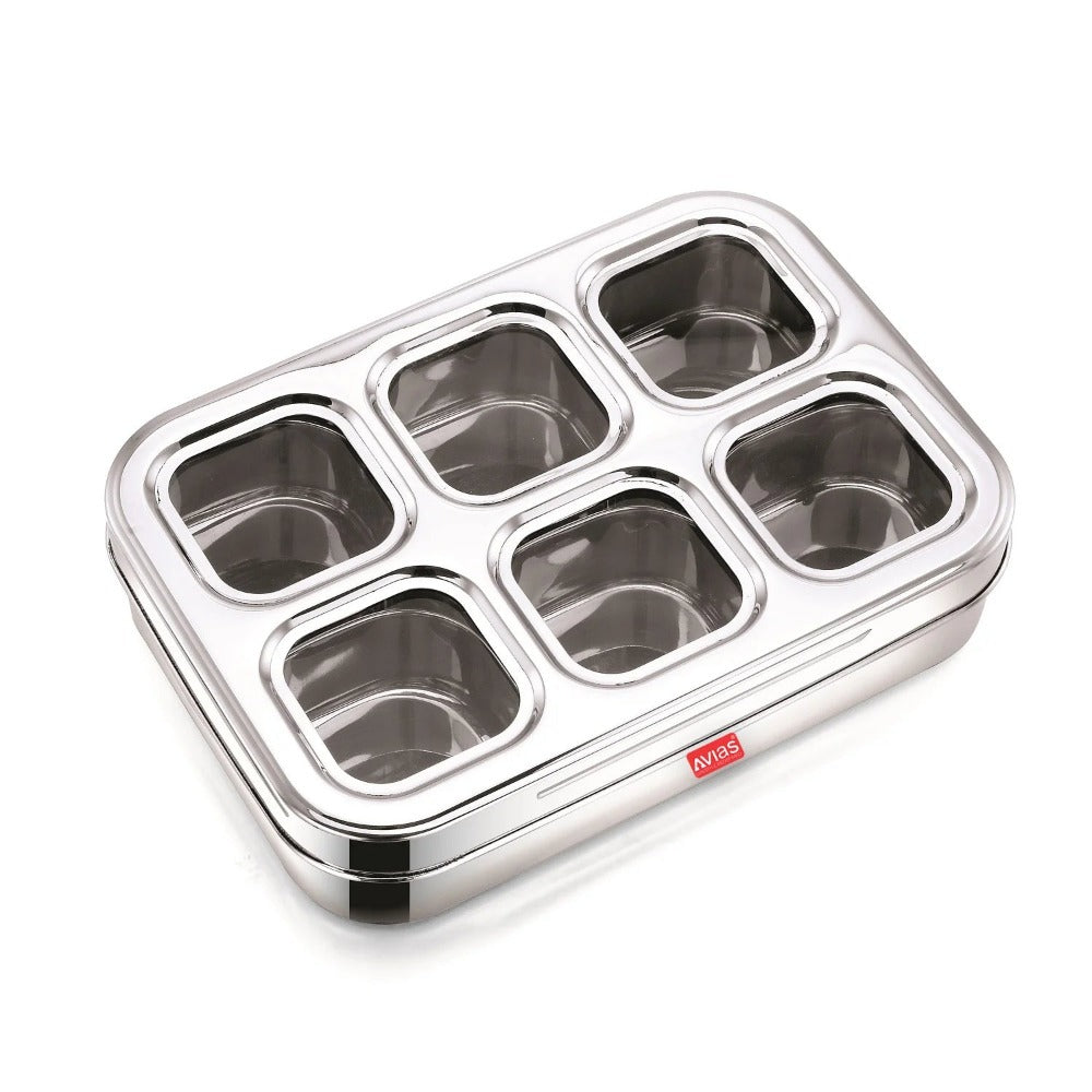 AVIAS Stainless Steel Dry Fruit Cum Spice Box Square Compartments with See-Through Lid | 6 Compartments and 1 Spoon | Silver & Blue
