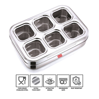 AVIAS Stainless Steel Dry Fruit Cum Spice Box Square Compartments with See-Through Lid | 6 Compartments and 1 Spoon | Silver & Blue