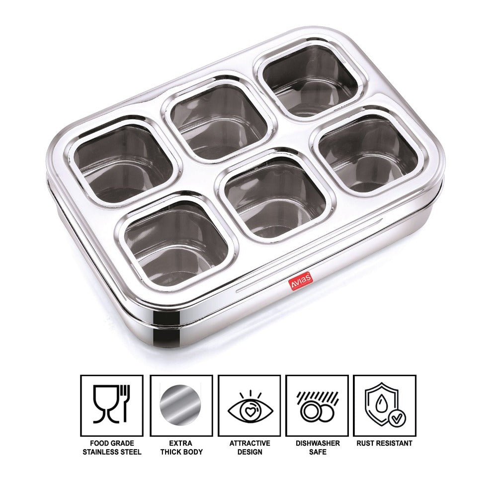 AVIAS Stainless Steel Dry Fruit Cum Spice Box Square Compartments with See-Through Lid | 6 Compartments and 1 Spoon | Silver & Blue