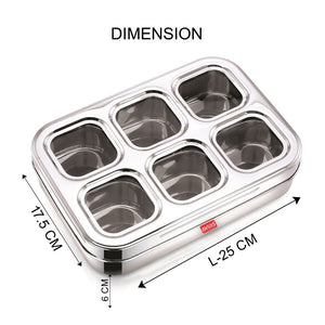 AVIAS Stainless Steel Dry Fruit Cum Spice Box Square Compartments with See-Through Lid | 6 Compartments and 1 Spoon | Silver & Blue