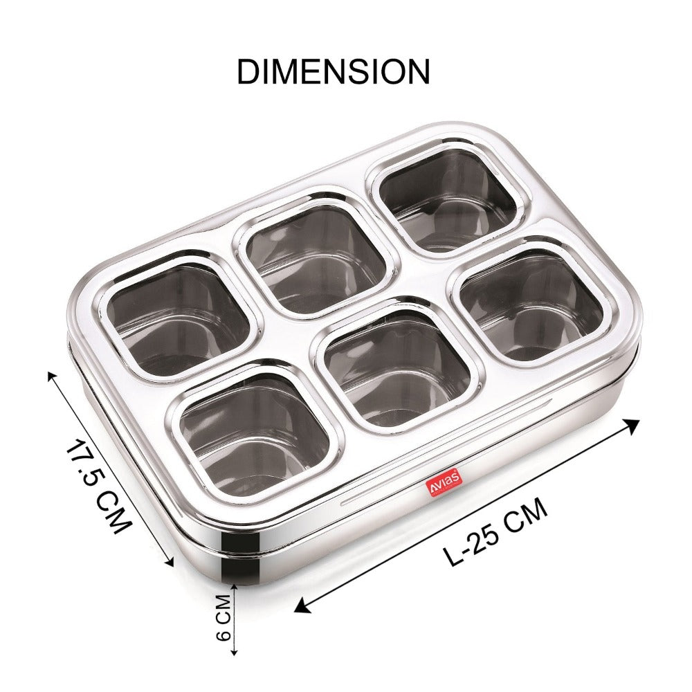 AVIAS Stainless Steel Dry Fruit Cum Spice Box Square Compartments with See-Through Lid | 6 Compartments and 1 Spoon | Silver & Blue