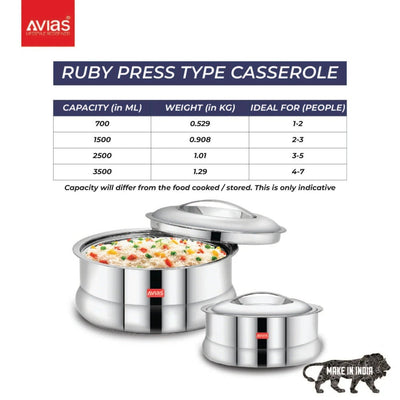 AVIAS Ruby Stainless Steel Casserole | Silver | 1 Pc