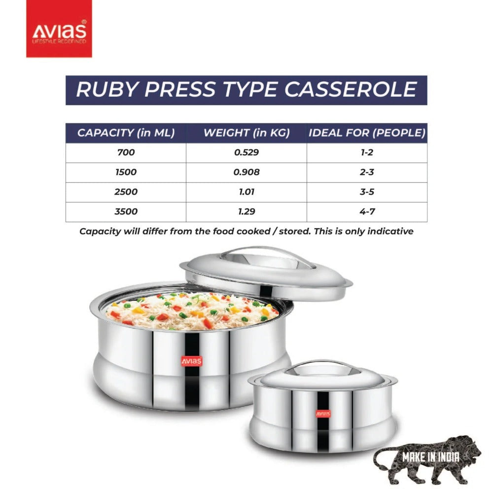 AVIAS Ruby Stainless Steel Casserole | Silver | 1 Pc