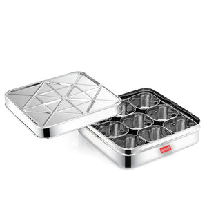 AVIAS Trios Square Stainless Steel Spice Box | 9 Containers and 1 Spoon | Silver