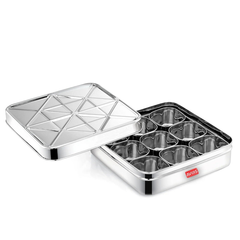 AVIAS Trios Square Stainless Steel Spice Box | 9 Containers and 1 Spoon | Silver