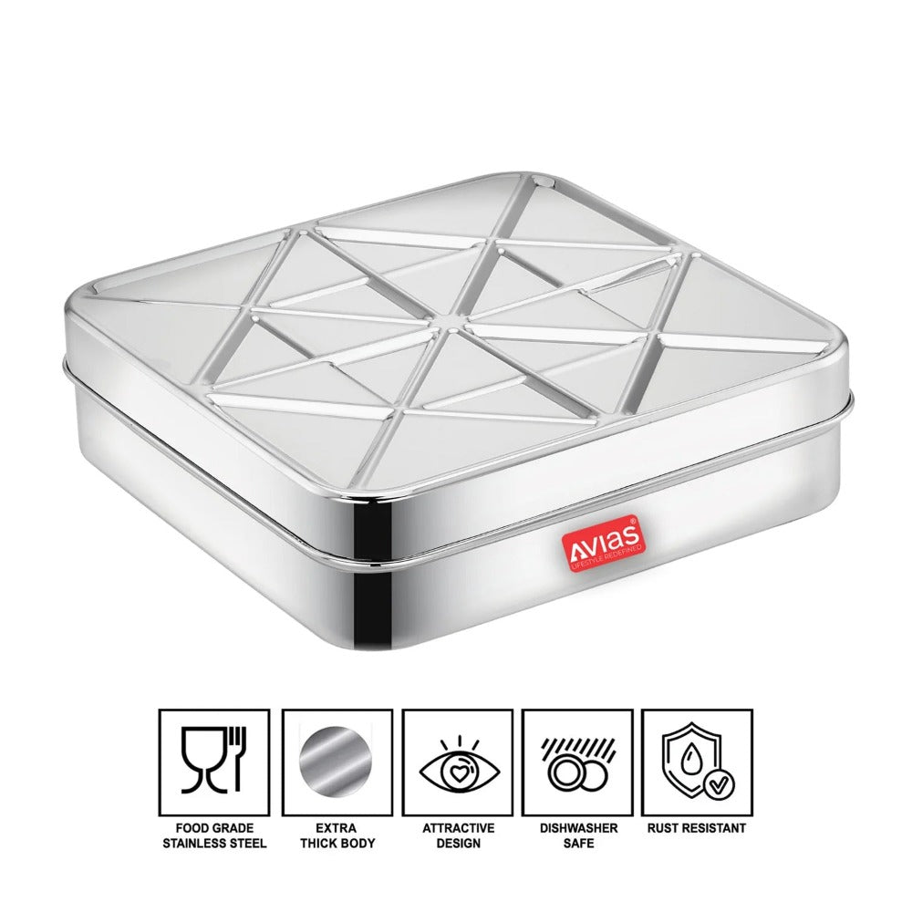 AVIAS Trios Square Stainless Steel Spice Box | 9 Containers and 1 Spoon | Silver