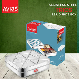 AVIAS Trios Square Stainless Steel Spice Box | 9 Containers and 1 Spoon | Silver