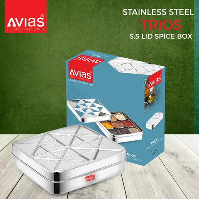 AVIAS Trios Square Stainless Steel Spice Box | 9 Containers and 1 Spoon | Silver