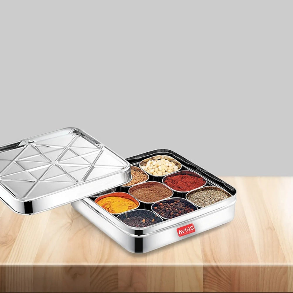 AVIAS Trios Square Stainless Steel Spice Box | 9 Containers and 1 Spoon | Silver