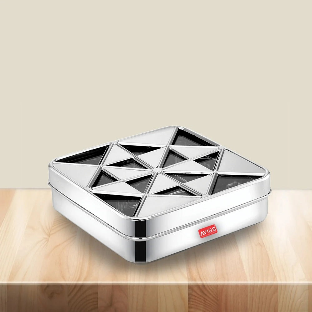 AVIAS Trios Square Stainless Steel Spice Box with See-Through Lid | 9 Containers and 1 Spoon | Silver