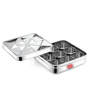 AVIAS Trios Square Stainless Steel Spice Box with See-Through Lid | 9 Containers and 1 Spoon | Silver